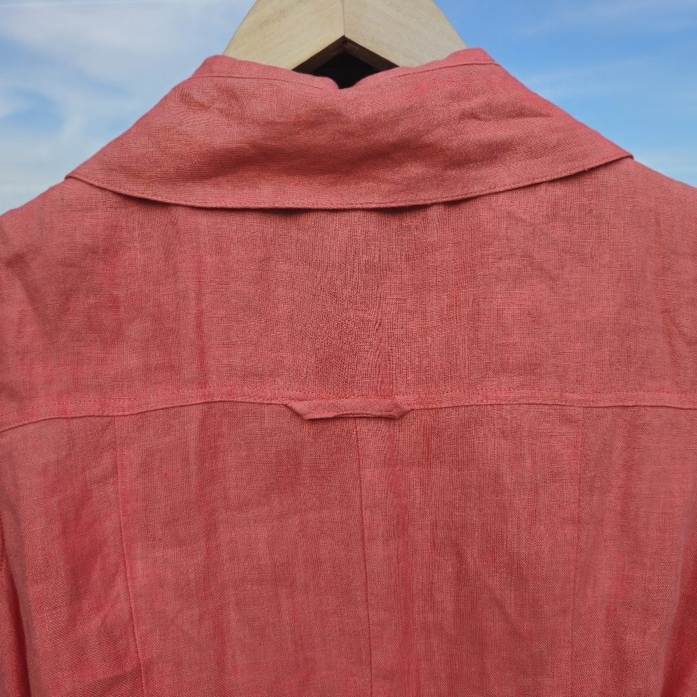 100% LINEN  button up tie waist coral dress, sleeveless w collar 052 - Picture 3 of 8